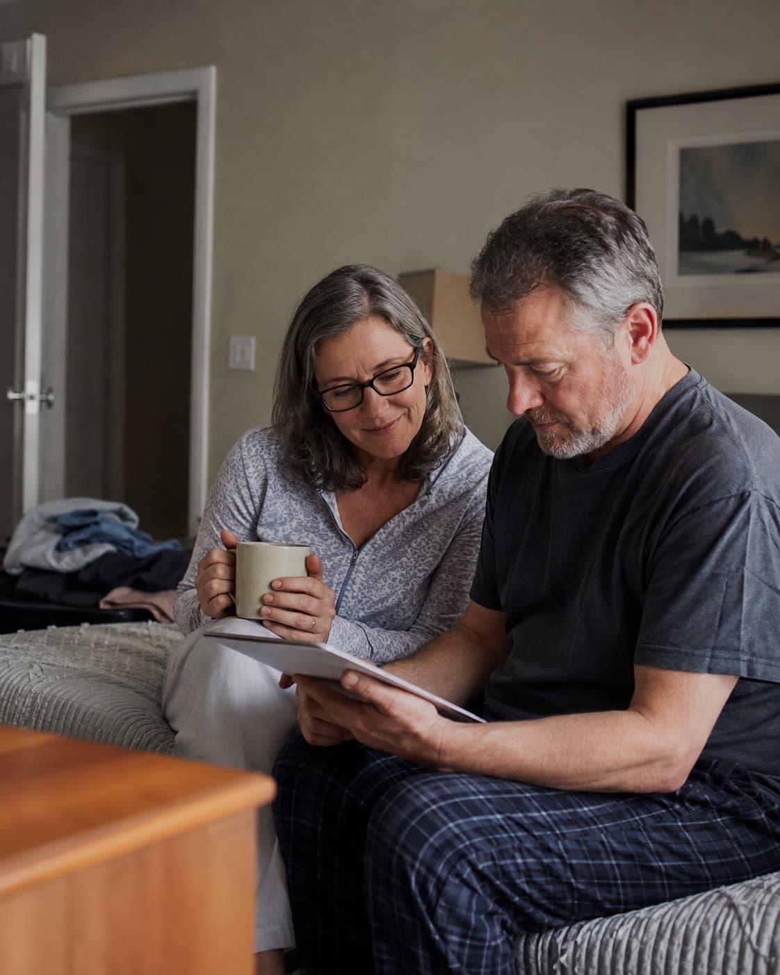 A couple in their fifties reading a statement together on the edge of the bed.