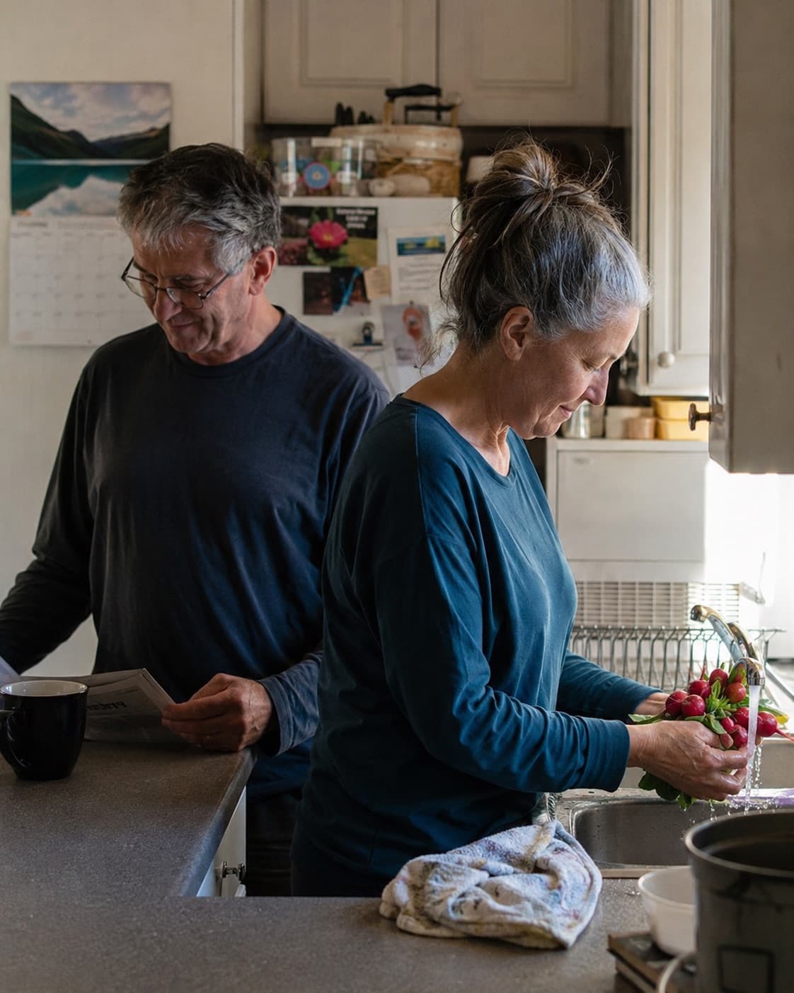 A retired couple in their kitchen, one reading the paper, one rinsing radishes.